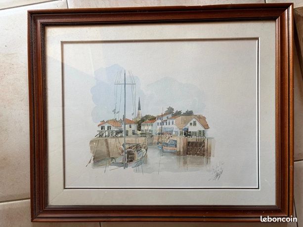 Tableau peinture aquarelle port d'ars en ré ile de ré 55 cm par 45 cm