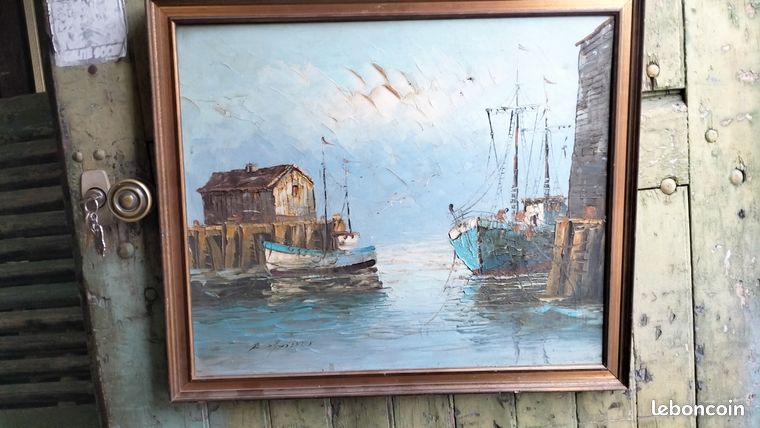 Tableau marine bateau de pêche huile sur toile vintage