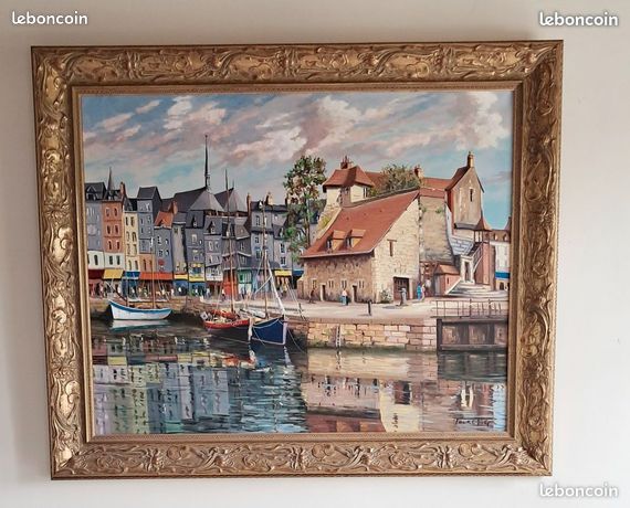 Grand tableau du port de HONFLEUR 110X 92 cm toile peinture à huile