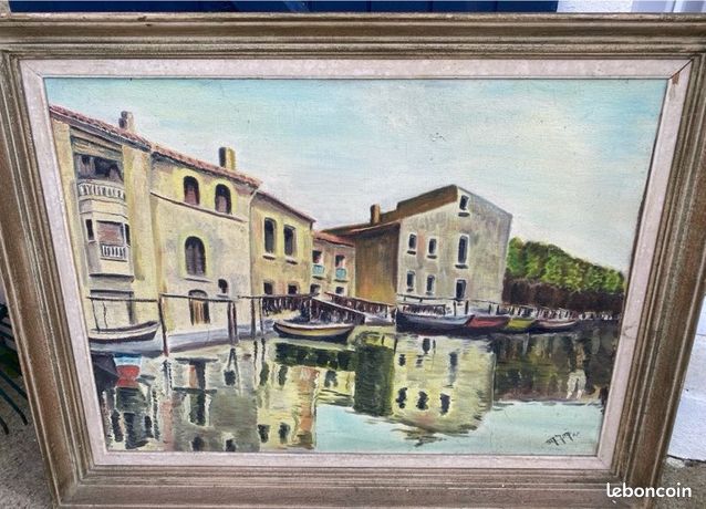 Tableau ancien huile sur toile – paysage de canal signé – encadré