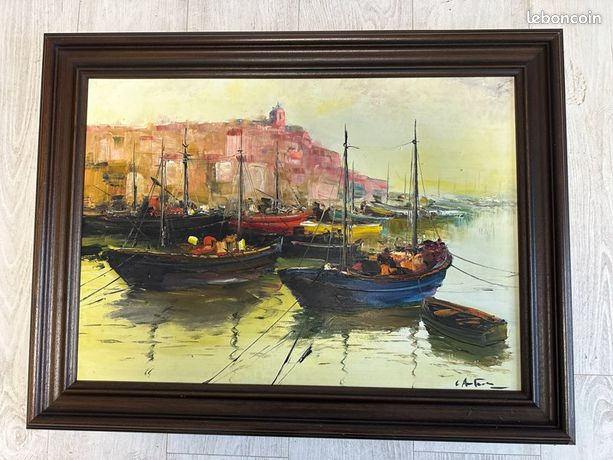 Magnifique tableau, peinture sur toile bateau au port