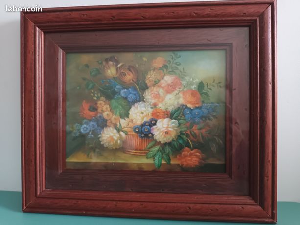 Tableau cadre sous verre ancien bouquet de fleurs