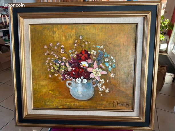 Tableau ancien – Nature morte aux fleurs signée P. Maurin – Cadre doré