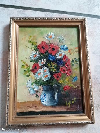 Petit tableau ancien bouquet de coquelicots et de Marguerites Peinture a l'huile sur panneau