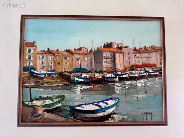Artiste Peintre Yves MURY Grande et jolie Marine encadrée représentant une vue du port de Saint-Trop