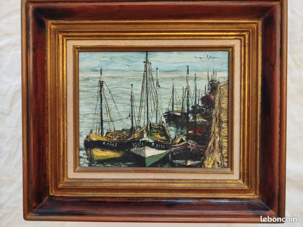 Huile sur toile, Bateaux dans le port