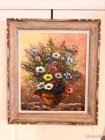 Ancien Tableau Peinture Huile Toile Bouquet Fleurs Nature Morte Encadré Signé Robert Mogisse