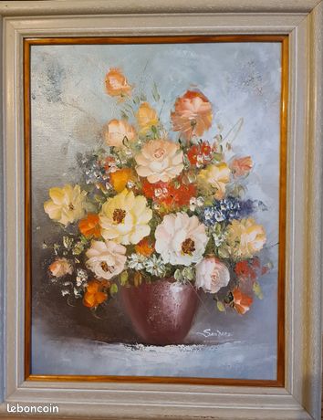 Tableau HUILE SUR TOILE SANDERS EDMOND 1898 1961 BOUQUET DE FLEURS CADRE BOIS