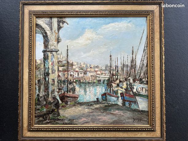 Tableau "Scène animée d'un port", signé