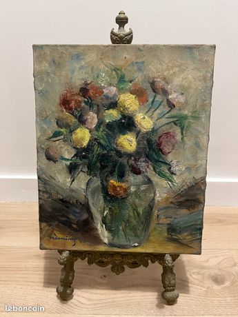 Tableau Maurice Deminne – Huile sur toile signée – Bouquet de fleurs (27×22 cm)