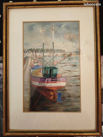 Huile sur carton, les chalutiers a marée basse