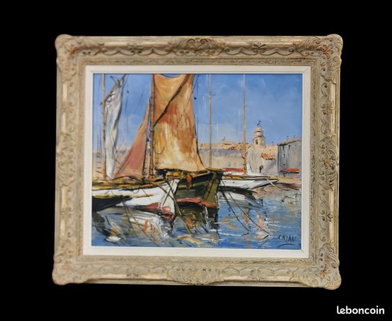 Tableau Marine Bateaux Huile sur Toile Signée Cadre Montparnasse à Clé XXème