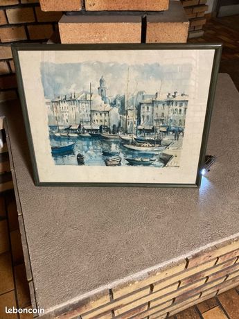 Tableau encadré-scène de port, méditerranéen (aquarelle /reproduction)