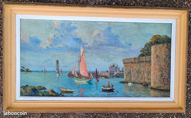 Tableau huile sur toile signé - Port Breton - Marine XXe - Signature à identifier