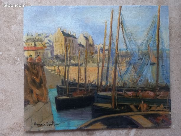 Tableau ancien école bretonne (douarnenez?) filets bleus