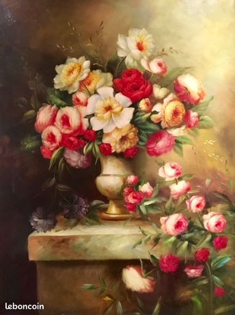 Fleurs sur entablement – Huile sur toile de Peter Brooks (XXe siècle)