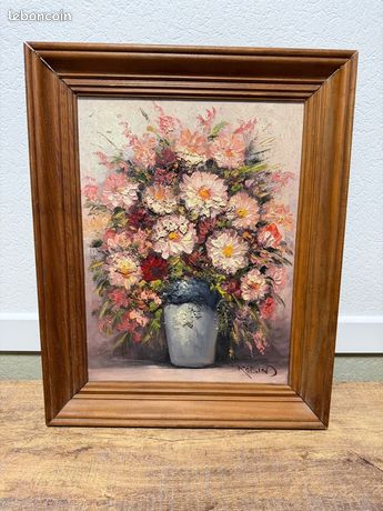 Tableau floral vintage signé “Robin” – Peinture à l’huile – Cadre bois – 39,5 x 49,5 cm