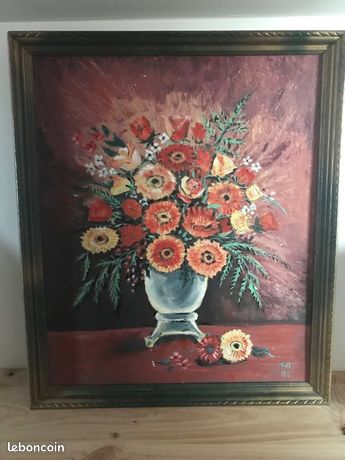 Tableau peinture huile nature morte fleurs 1985