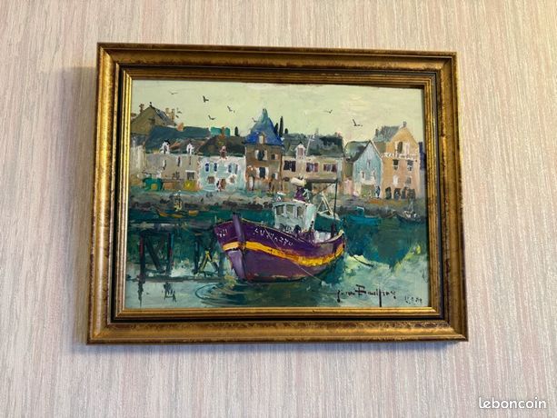 Tableau peint "bateau au port"