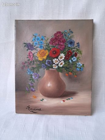 Bouquet de fleurs champêtres huile sur toile vintage 80