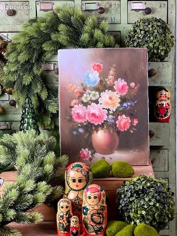 ⭐️TRÉSOR D'AUTREFOIS •Romantique, Grand Tableau Ancien Bouquet de Fleurs | Huile sur Toile Polychrom