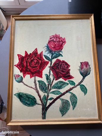 Tableau huile? Sur Isorel signée A Sabourin Bouquet de roses. XX ème vintage