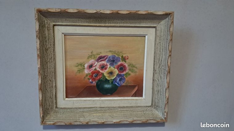 Tableau, peinture sur toile, encadrement bois moulé 40x45 anémones