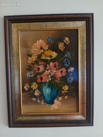 Tableau peinture à l’huile – Bouquet de fleurs dans vase bleu