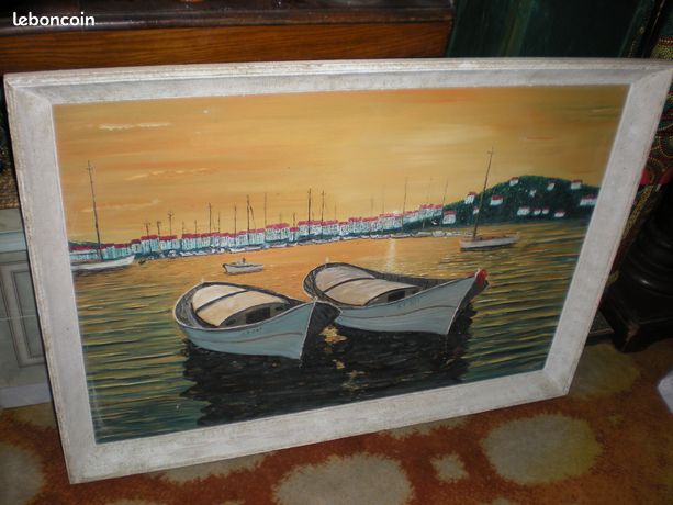 Tableau encadré signé Teruel.d, 2 barques dans port. Contact par Tel demandé
