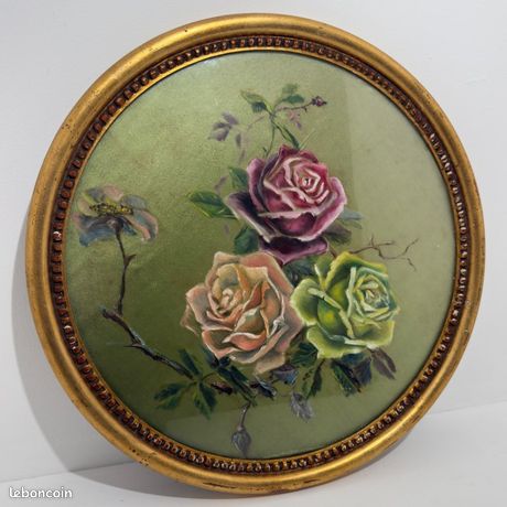 Ancien tableau peinture sur soie de Lyon - cadre romd doré