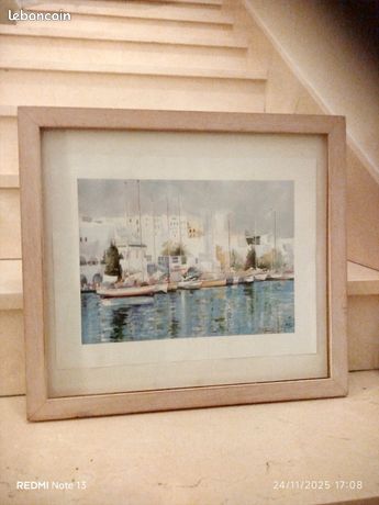 Tableau reproduction aquarelle ville au bord du port cadre en bois nature 48x52x3