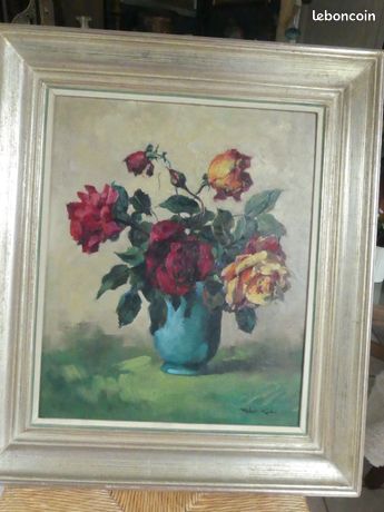 Ancien tableau bouquet de roses signé Robert Kuven huile sur isorel