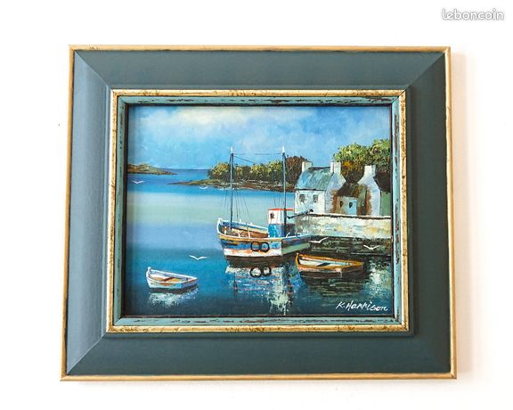 Petit tableau huile sur toile original, Marine port breton XXème s. Cadre bois