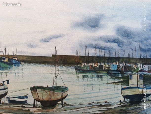Tableau aquarelle signé bateaux de pêche
