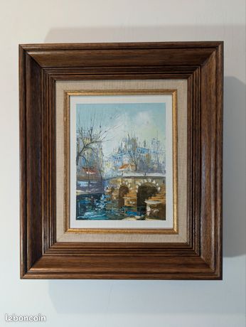 Tableau huile sur toile Pont Paris signé