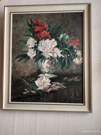 Tableau reproduction peinture à l'huile "Vase de pivoines", 86 x 72 cm
