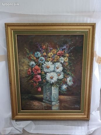 Grand tableau signé W. Cullen – Bouquet de fleurs à l’huile – 63 x 73 cm avec cadre doré