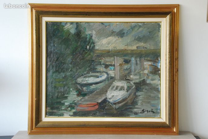 Ancien grand tableau huile sur toile signée bateaux