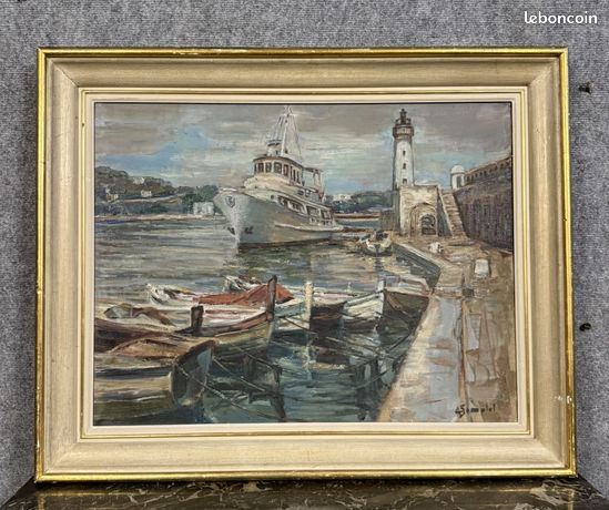 Tableau / huile sur toile / époque Art déco vers 1940 / vue Portuaire