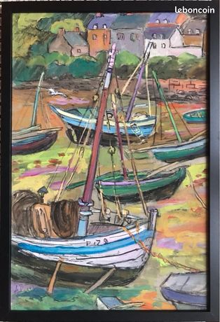 Andrée Clara BAC (1895-?).Petit port breton,vers 1960.Gouache.SBD.30x45.Cadre