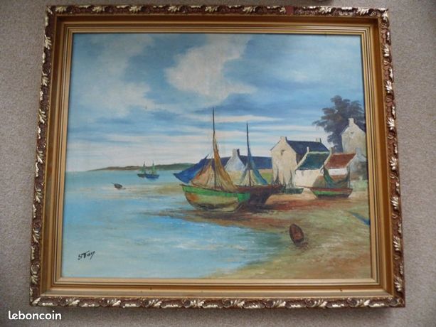 Huile sur toile marine ancienne de grande dimension
