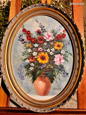 TABLEAU-original 1970 -Peinture Huile toile-Fleurs-MEDAILLON-BOUQUET-SIGNE-37x47cm-