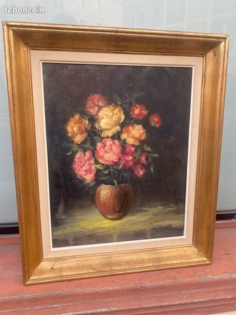 Ancien grand tableau nature morte aux roses signé peinture sur toile excellent état dimensions 64x54