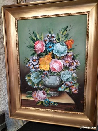 Très beau tableau hst bouquet fleurs beau cadre signé 56 x 44 cm/ decoration