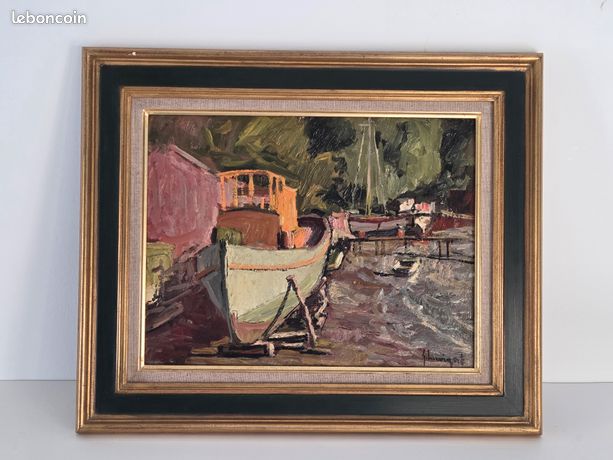 Huile sur carton 5 F marine bateau paysage marin Noumea signé encadré