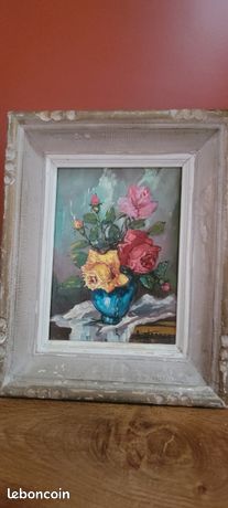 Tableau fleurs sur bois _ signé