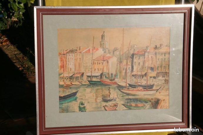 Peinture tableau belle aquarelle gouachée port de St Tropez *