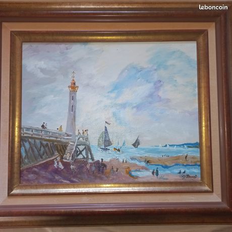 BELLE PEINTURE SIGNEE G.BENET le Port TROUVILLE SUR MER jetée Phare