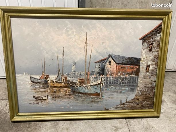 Très joli grand tableau peinture à huile sur toile vintage paysage marin signé excellent état milieu