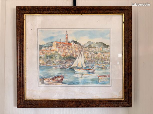 Ancien Tableau Aquarelle Provence Italie Lac Montagne Bateau Marine